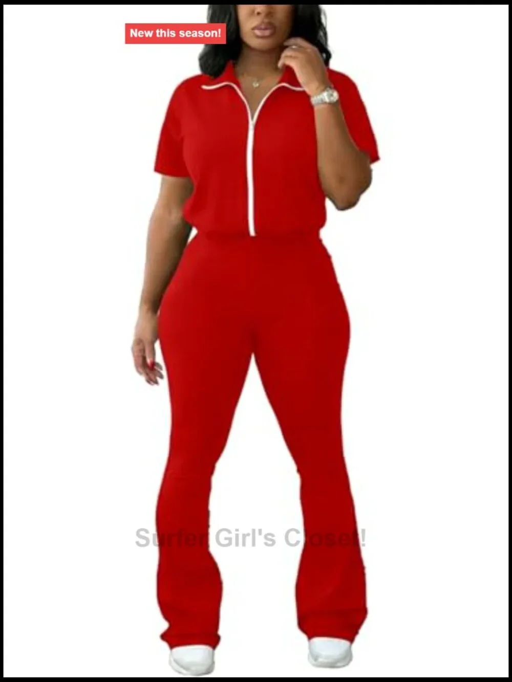 Short Sleeve Zip Up Top Flared Pants Tracksuit Jogger Set